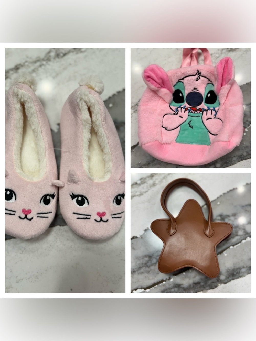 Girls stitch backpack, star purse, & cat slippers